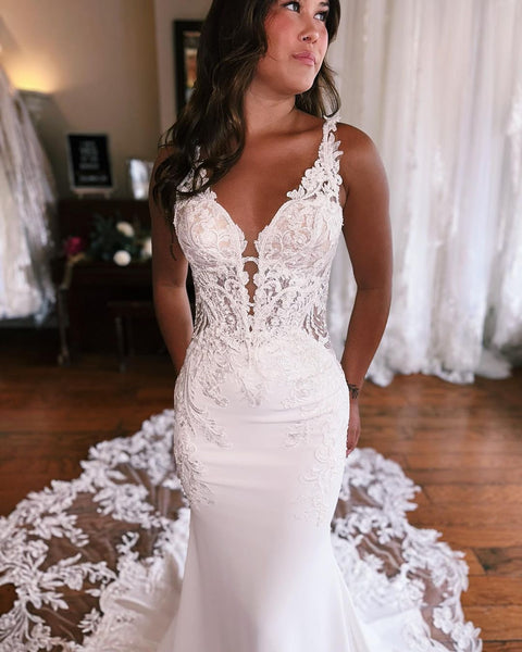 Elegant Mermaid V Neck Satin Wedding Dresses with Lace VK23060506