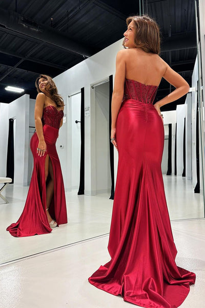 Dark Red Sweetheart Satin Mermaid Long Prom Dresses with Beading VK24022305