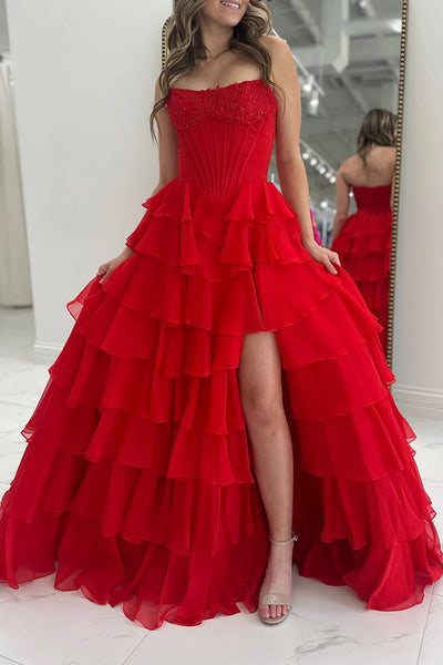 Red A-Line Strapless Ruffle Tiered Appliques Prom Dresses with Slit VK26012503