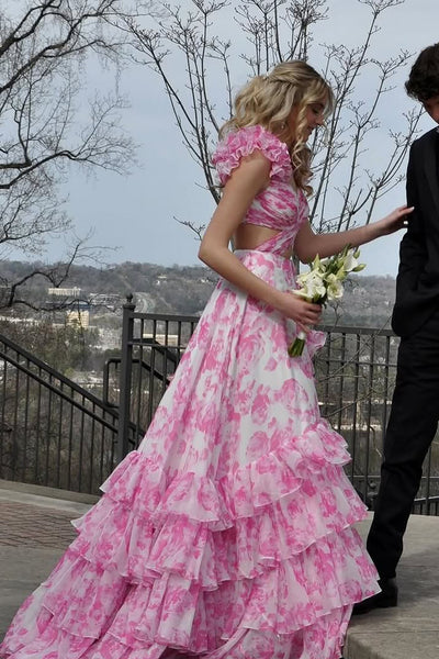 A-Line V Neck Pink Floral Printed Chiffon Ruffle Tiered Long Prom Dresses VK25031103