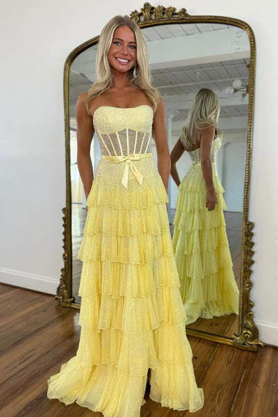 A-Line Strapless Lilac Ruffle Tiered Beaded Long Prom Dresses with Slit VK26012709