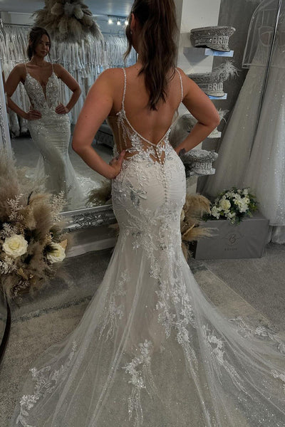 Fairy Chic Mermaid V Neck Lace Wedding Dresses with Appliques
