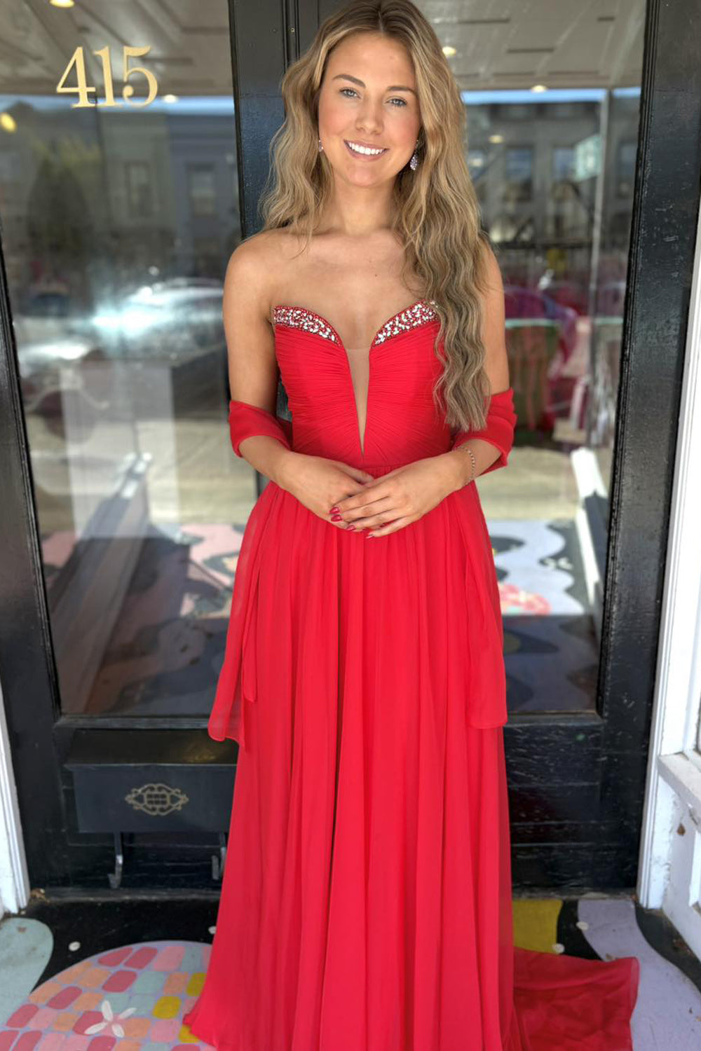 Fairy A Line V Neck Red Chiffon Prom Dresses with Beading VK25112302