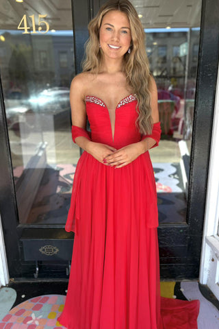Fairy A Line V Neck Red Chiffon Prom Dresses with Beading VK25112302