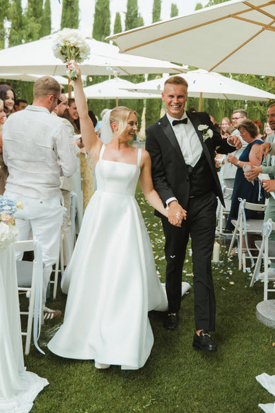 Elegant A-Line Square Neck White Soft Satin Wedding Dresses VK26102806