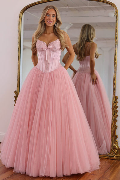 Lovely A-Line V Neck Pink Tulle Long Prom Gown Dress with Appliques VK26102604