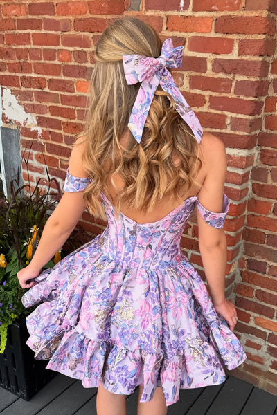 Cute A Line Off the Shoulder Lavender Jacquard Satin Short Homecoming Dress VK25081201
