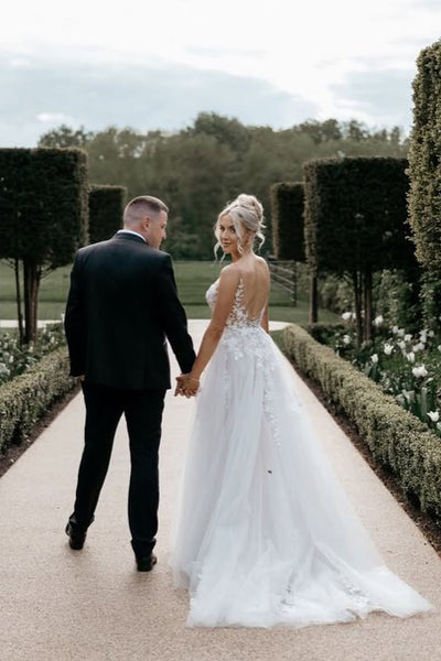 Fairy A Line V Neck Tulle Wedding Dresses with Appliques VK25051401