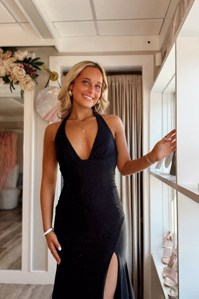 Elegant Mermaid V Neck Black Elastic Satin Long Prom Dress with Slit VK16020501