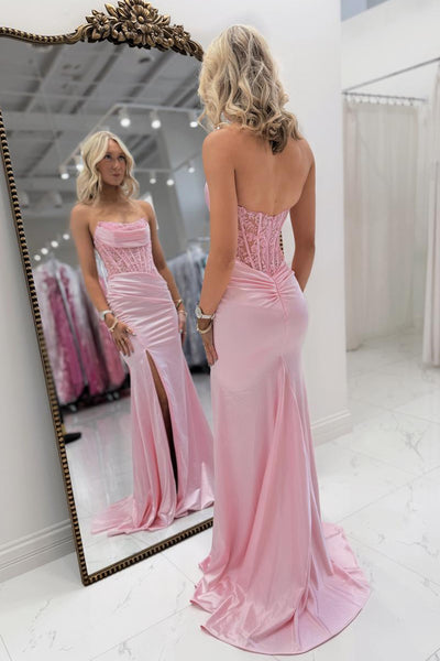 Mermaid Strapless Pink Satin Appliques Pleats Long Prom Dresses with Slit VK26020907