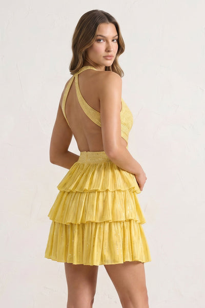 Yellow - V Neck A Line Cutout Satin Tiered Homecoming Dress With Beading