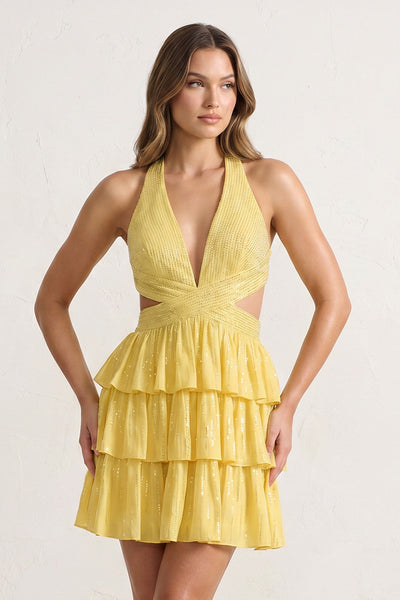 Yellow - V Neck A Line Cutout Satin Tiered Homecoming Dress With Beading
