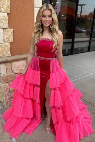 Fuchsia Strapless Beaded Mermaid Long Prom Dresses VK24012504