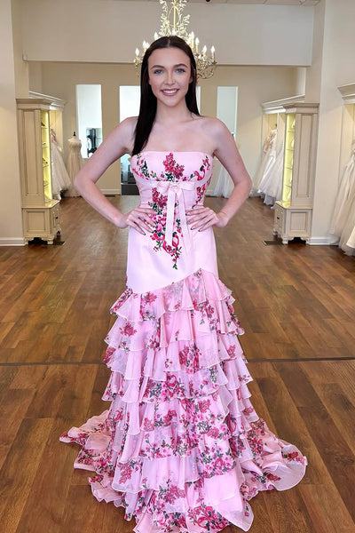 Mermaid Strapless Pink Floral Printed Ruffle Tiered Long Prom Dresses with Slit VK25032303