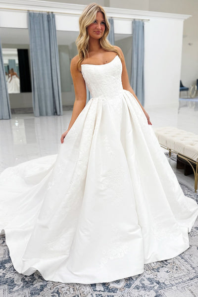 A-Line Strapless White Satin Appliqued Wedding Bridal Dresses VK25101403