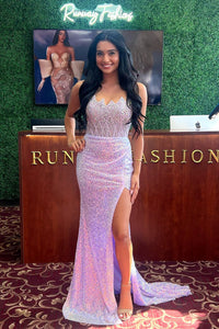 Charming Mermaid Scoop Neck Light Purple Sequins Prom Dresses with Beading VK24091901