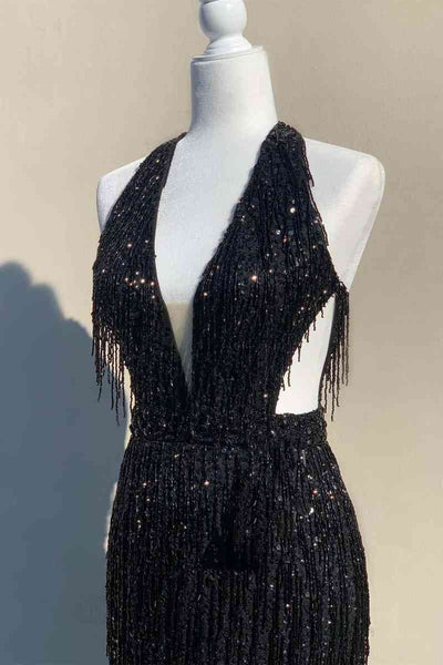 Plunging V-Neck Black Side Cut-Out Long Prom Dress with Fringe VK23121810