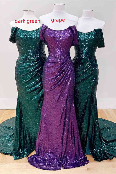 Pleated Off-the-Shoulder Black Sequins Long Formal Dress VK23121809