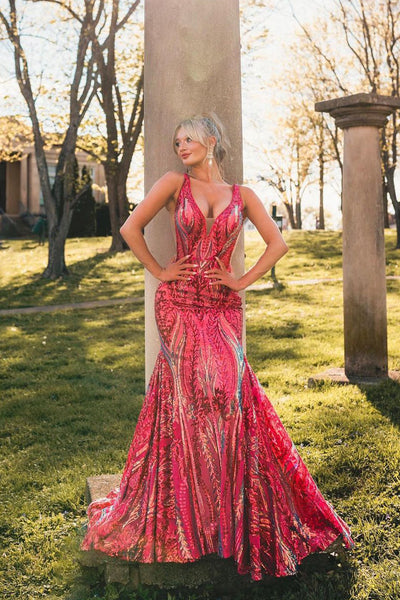 Mermaid V Neck Fuchsia Sequins Long Prom Dresses VK24041702