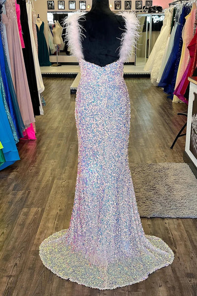Sparkly White Mermaid Sequins Long Prom Dress with Feathers VK23101409