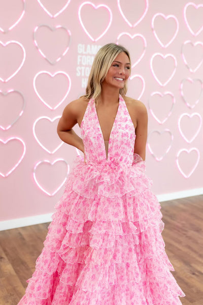 Fairy A Line V Neck Pink Floral Tulle Tiered Prom Dress VK25010705
