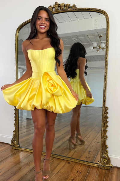 Stunning A Line Strapless Yellow Satin Short Homecoming Dress VK26050903