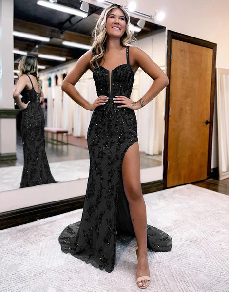 Cute Mermaid V Neck Blue Sequins Long Prom Dresses with Slit VK112105