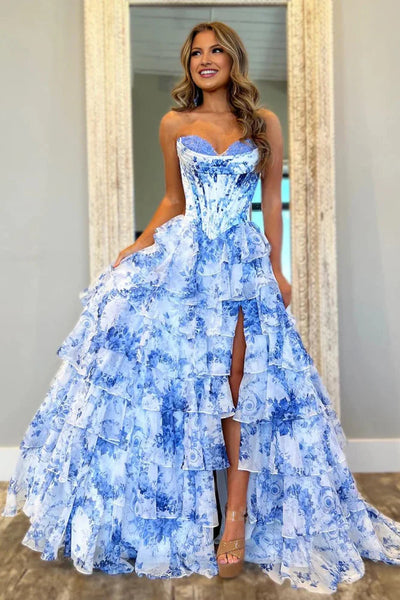 Gorgeous A Line Sweetheart Leopard Printed Tiered Prom Dress with Slit VK26010711