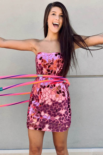 Bodycon Strapless Pink Mini Party Dresses with Beading