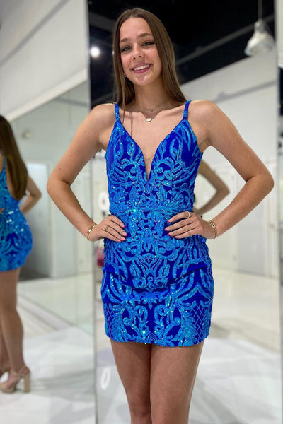 bodycon V Neck Sequin Lace Tight Short Homecoming Dresses VK23091603