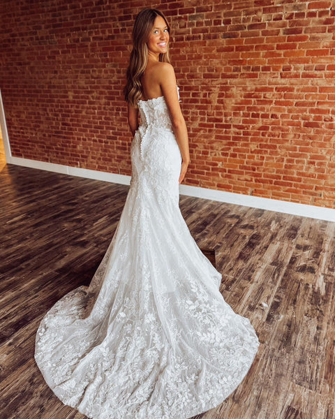 Strapless Mermaid Tulle Bridal Wedding Dresses Lace Appliqued Bride Wedding Gowns