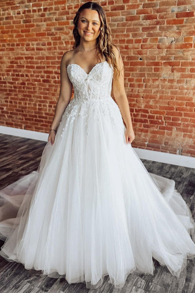 Sweetheart Tulle Appliqued Wedding Gowns for Women A Line Boho Wedding Dress