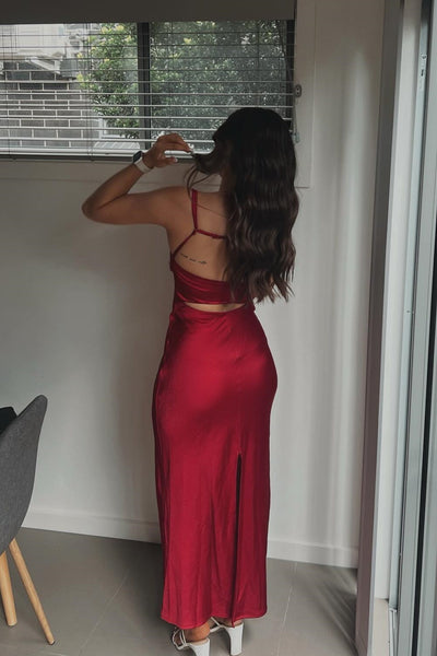 Spaghetti Straps Pink Long Satin Dress with Slit