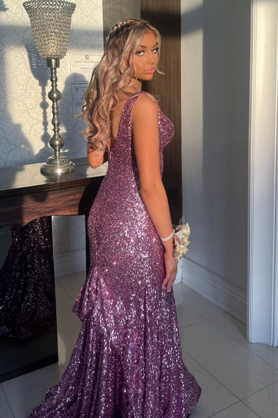 Cute Mermaid Sequins V Neck Sequins Evening Prom Dress