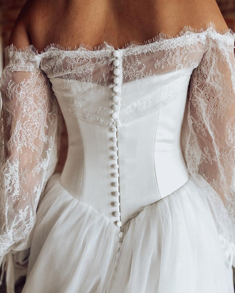 Women's A Line Tulle Wedding Dresses Boho Lace Long Sleeves Wedding Gowns for Bride