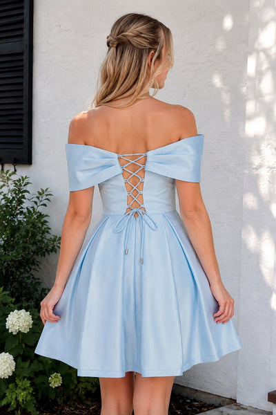Black Off The Shoulder A Line Satin Short Homecoming Dress With Bow