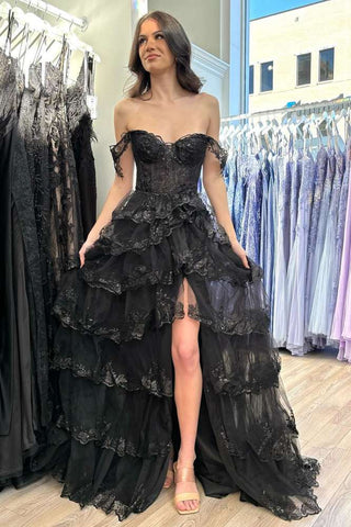 Off the Shoulder Ruffle Tiered Black c Prom Dress with Slit VK24042801