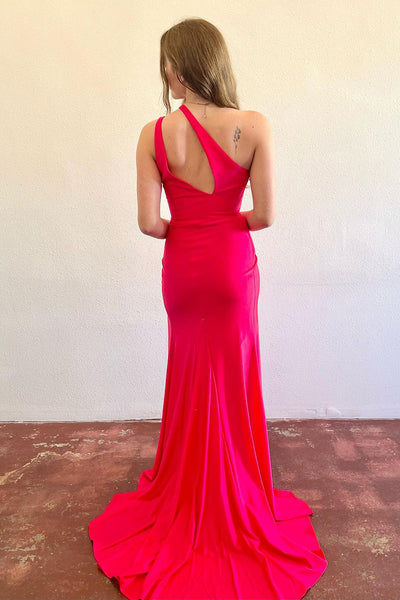 Simple Mermaid Red Satin One Shoulder Long Prom Dress with Slit VK23121303