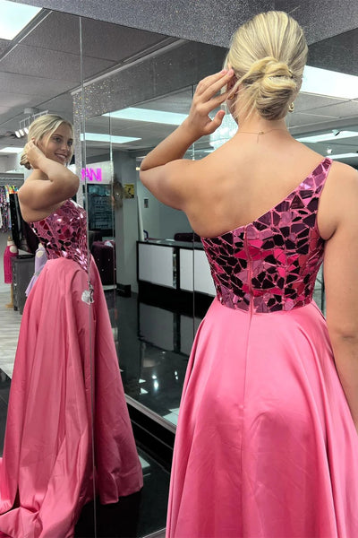 Hot Pink One Shoulder Mirror-Cut Sequins Top Long Prom Dress with Slit VK23102902
