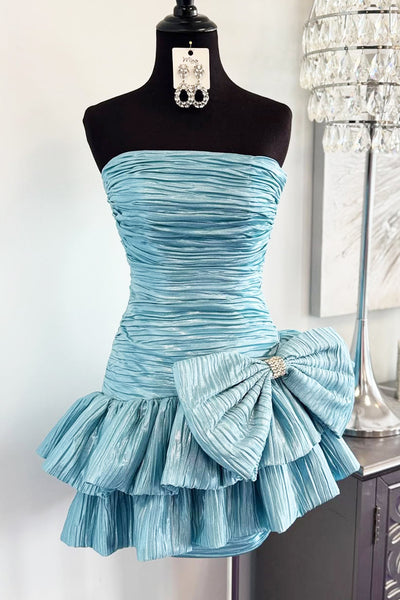 Cute Bodycon Strapless Light Blue Pleat Satin Short Homecoming Dress VK25060209