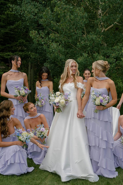 Elegant Sheath Strapless Lilac Chiffon Ruffle Tiered Long Bridesmaid Dresses VK26103002