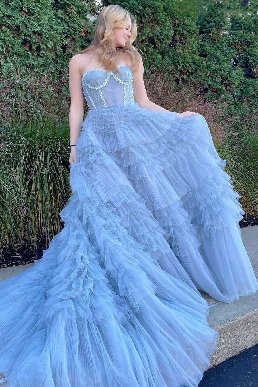 Princess Blue Strapless Tiered Tulle Prom Gown VK23092601