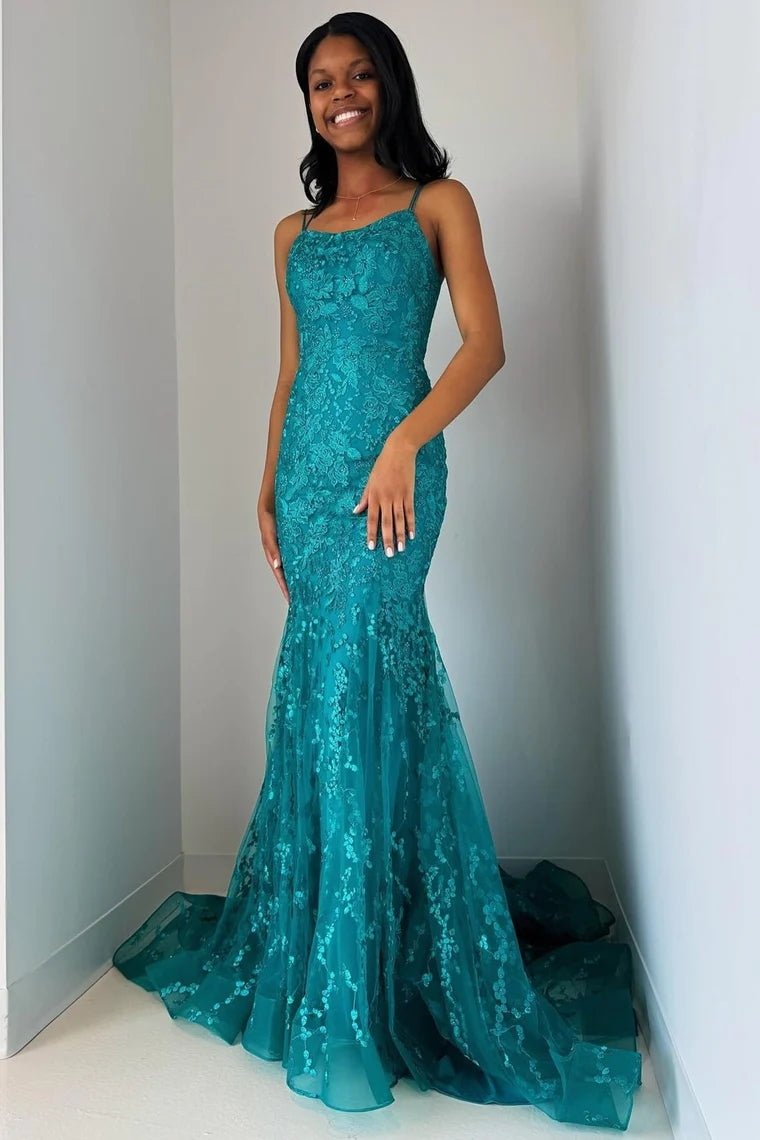 Turquoise Appliques Lace-Up Trumpet Long Prom Dress VK24011306