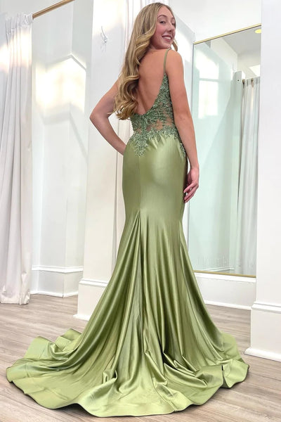 Sage Green Spaghetti Strap Backless Trumpet Long Gown VK24010601