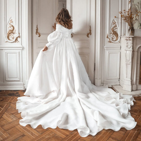 A-Line Off the Shoulder White Wedding Dress with Slit VK25100202