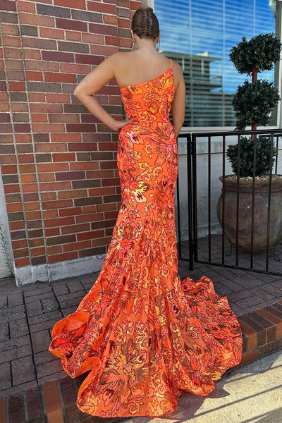 Orange Sequin Lace One Shoulder Long Prom Dresses VK23111905
