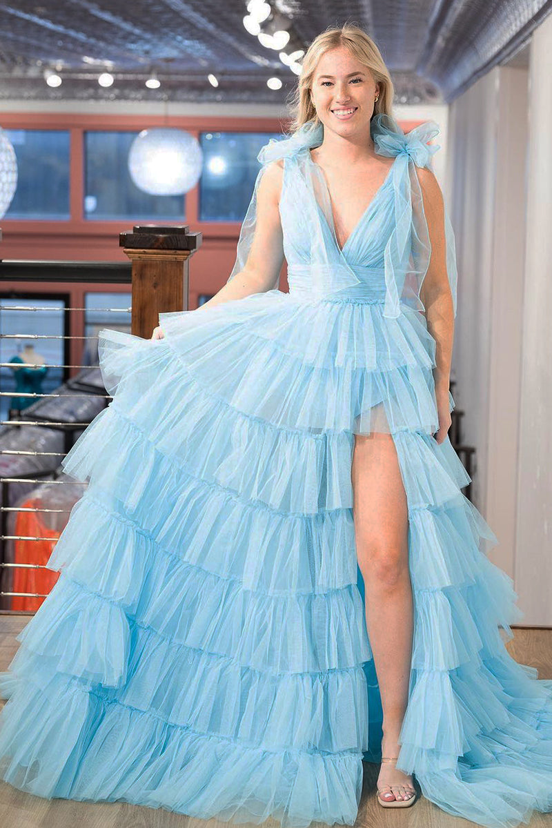 Light Blue Deep V Neck Tiered Tulle Long Prom Dresses with Slit VK23112605