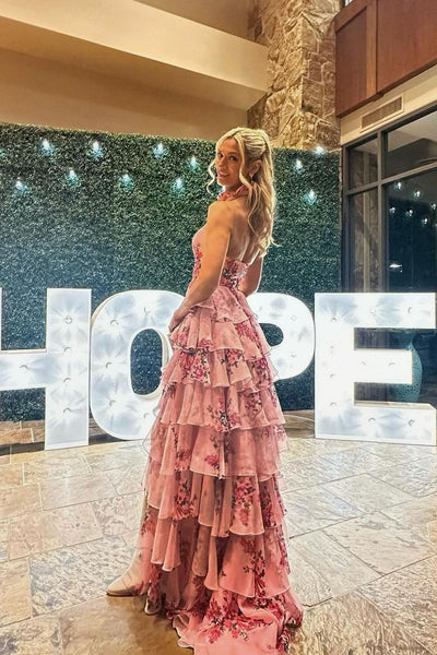 Cute A Line Keyhole Hatler Floral Printed Chiffon Tiered Slit Prom Dress