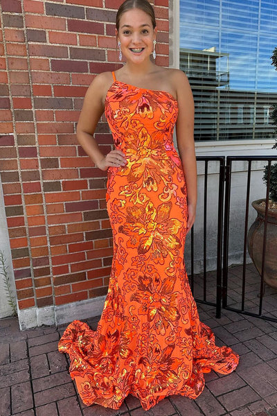Orange Sequin Lace One Shoulder Long Prom Dresses VK23111905