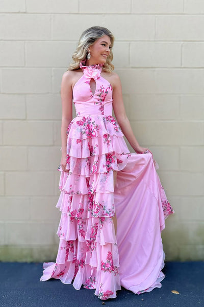 Cute A Line Pink Chiffon Floral Print Satin Prom Dress with Slit VK5111203